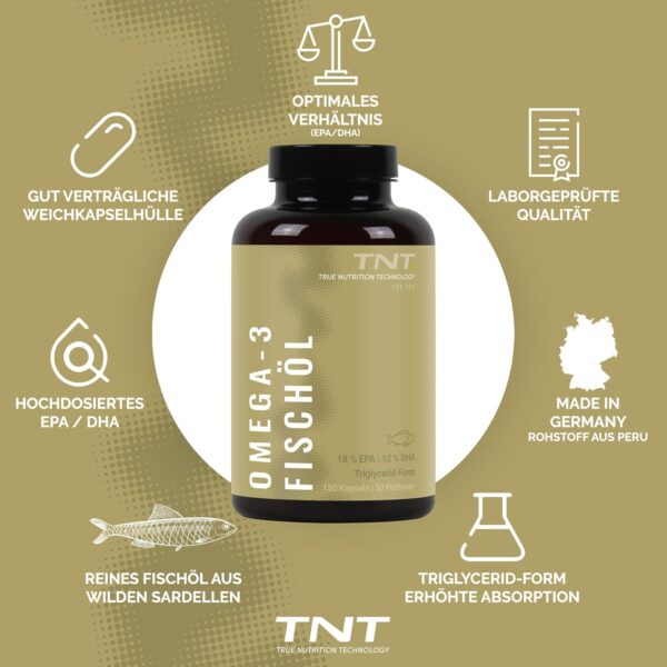TNT Omega 3 (150 Kapseln) • 2760mg Fischöl mit EPA & DHA pro Tagesdosis • Hochdosiert und laborgeprüft – Bild 3