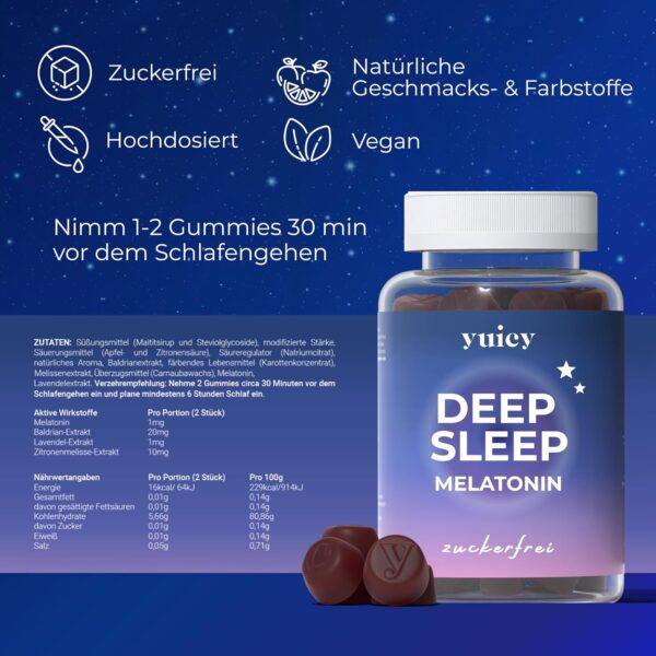 YUICY Melatonin Gummies – 60 Stk. Extrem Leckere & Zuckerfreie Gummibärchen zum Einschlafen - 0,5mg Melatonin Hochdosiert & Vegan - Bewährte Einschlafhilfe Erwachsene - Deep Sleep – Bild 7