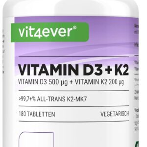 Vitamin D3 20.000 I.E + Vitamin K2 200 mcg Menaquinon MK7 Depot - 180 Tabletten - 99,7+% All-Trans - Laborgeprüft- Vegetarisch - Hochdosiert - Premium Qualität