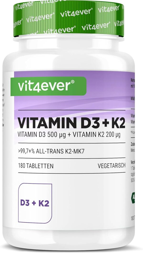 Vitamin D3 20.000 I.E + Vitamin K2 200 mcg Menaquinon MK7 Depot - 180 Tabletten - 99,7+% All-Trans - Laborgeprüft- Vegetarisch - Hochdosiert - Premium Qualität