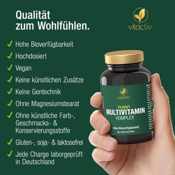 VITACTIV Multivitamin Komplex - 90 Multivitamin Tabletten - Vitamine A-Z plus Spurenelemente, ohne Vitamin K - Für z.B. Immunsystem - Hohe Bioverfügbarkeit, Hochdosiert, Vegan - Laborgeprüft in DE – Bild 5
