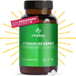 Vitabay Vitamin D3 Depot 20.000 I.E. - 120 Vegane Tabletten Hochdosiert & Vegan - ohne unerwünschte Zusätze - Trägt zur Unterstützung des Immunsystems und zur Erhaltung normaler Knochen bei