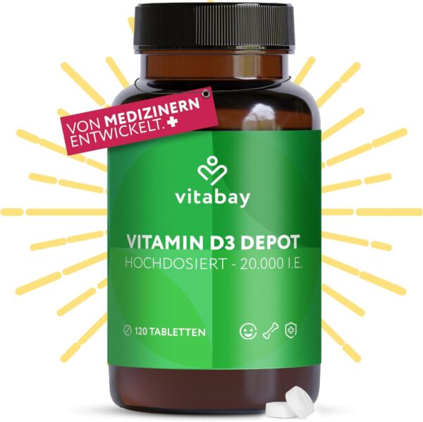 Vitabay Vitamin D3 Depot 20.000 I.E. - 120 Vegane Tabletten Hochdosiert & Vegan - ohne unerwünschte Zusätze - Trägt zur Unterstützung des Immunsystems und zur Erhaltung normaler Knochen bei