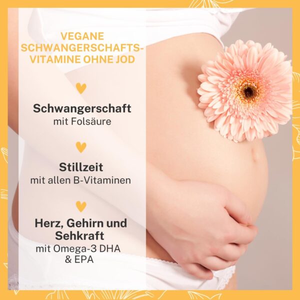 BabyFORTE® Folsäure ohne Jod + Omega-3 vegan mit Algenöl | 17 Schwangerschaftsvitamine ohne Jod + Quatrefolic® | 60 Kapseln | ab 1. Trimester – Bild 2