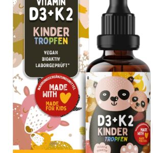 Vitamin D3 + K2 KINDER Tropfen 1000x - mit 650 IE Vitamin D3 vegan + 20 µg bioaktives Vitamin K2 MK7 (Pharmaquinone®) - Immunsystem & Knochen - laborgeprüft mit Zertifikat - Vorrat für 11 Monate