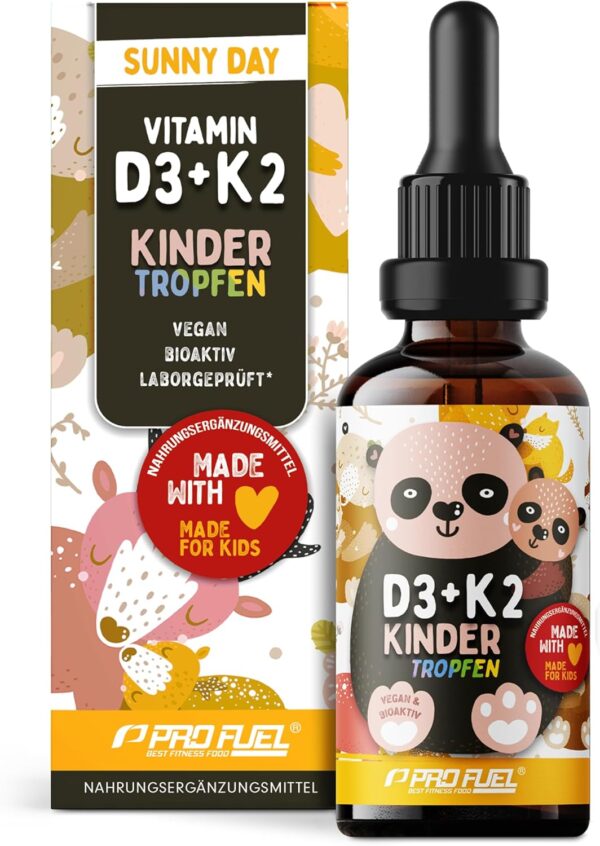 Vitamin D3 + K2 KINDER Tropfen 1000x - mit 650 IE Vitamin D3 vegan + 20 µg bioaktives Vitamin K2 MK7 (Pharmaquinone®) - Immunsystem & Knochen - laborgeprüft mit Zertifikat - Vorrat für 11 Monate