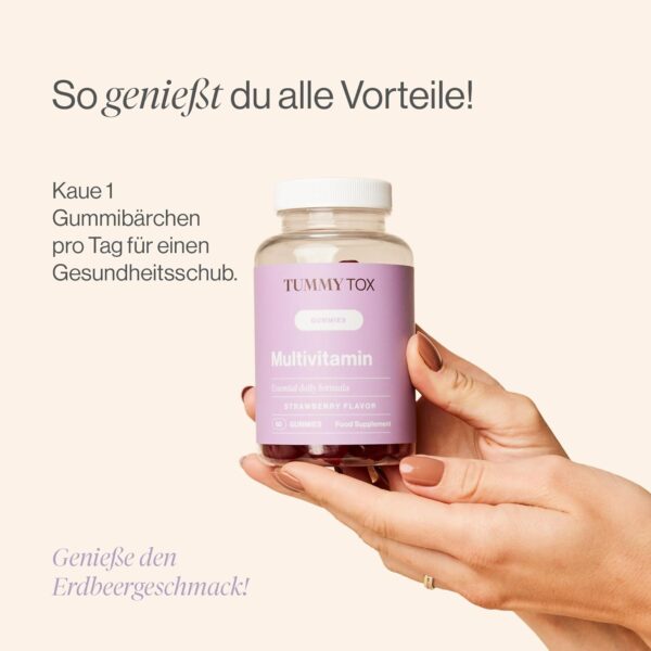 Multivitamin Gummies - Gummibärchen mit Biotin, Folsäure, Vitamin C, Vitamin E und 6 weitere Mikronährstoffe enthalten - 120 Gummies mit natürlichem Erdbeergeschmack - TummyTox – Bild 3