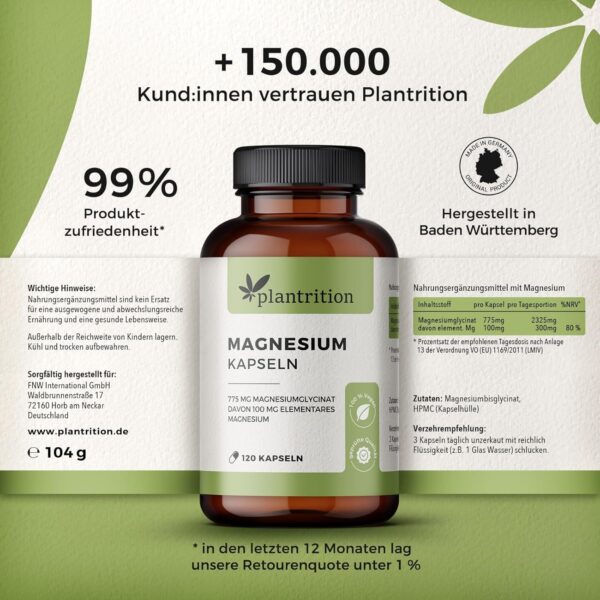 plantrition Magnesium Kapseln 775 mg davon 100 mg elementares Magnesiumglycinat pro Kapsel - Magnesium-Bisglycinat hochdosiert - 120 Vegane Kapseln – Bild 6