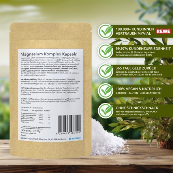 Premium Magnesium Komplex hochdosiert Kapseln 180 Stück, 435mg elementares Magnesium pro Tagesdosis aus 5 hochwertigen Verbindungen vegan ohne Zusätze plastikfrei verpackt aus Deutschland – Bild 5