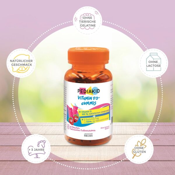 PEDIAKID - Vitamin D3 Gums - Vitamin D3 100% natürlichen Ursprungs - Stärkung der natürlichen Abwehrkräfte - Ab 3 Jahren - Deckt 100% der empfohlenen Tagesdosis ab - 60 Gums – Bild 2