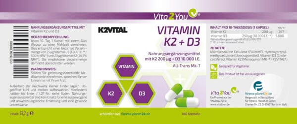 Vita2You Vitamin D3 + K2-180 Kapseln - Vitamin D3 10.000 IE + Vitamin K2 (MK-7) 200µg - Original K2VITAL® von Kappa - Premium Qualität – Bild 6