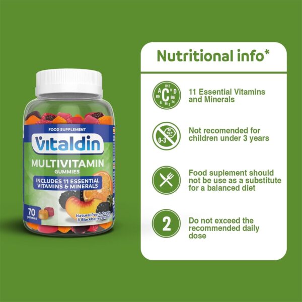 VITALDIN Multivitamin Adults Gummies – Nahrungsergänzungsmittel für Erwachsene – 11 Vitaminen & Mineralstoffen – 70 Fruchtgummis (für 1 Monat); Fruchtgeschmack – Stärkung des Energie & Immunsystems – Bild 2