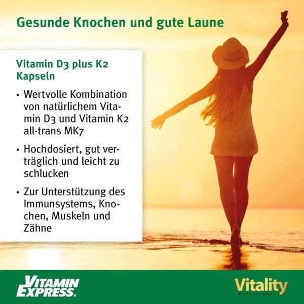 Vitamin Express Vitamin D3 K2 Hochdosiert, D 5000 IE + K2 200 mcg Premium All Trans MK7 I 90 Mini-Kapseln Hochdosiert I hohe Bioverfügbarkeit, frei von Zusatzstoffen I Vitality Nutritionals – Bild 3