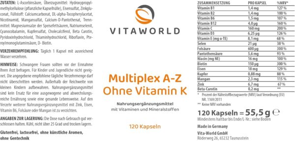 Vita World Multivitamin A-Z ohne Vitamin K 120 Kapseln Vegan Jodfrei Apotheken Herstellung – Bild 4