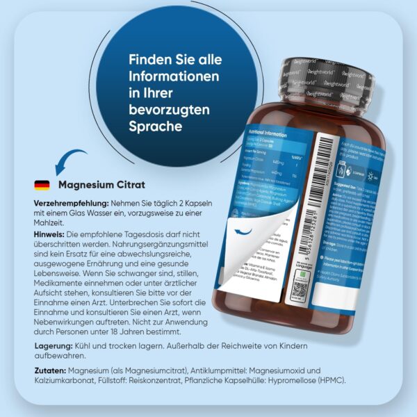 Magnesiumcitrat - 240 vegane Kapseln - 440mg Elementares Magnesium pro Portion - Magnesium trägt zur Verringerung von Müdigkeit & Erschöpfung bei (EFSA) - 4 Monate Vorrat - Glutentfrei - WeightWorld" – Bild 5