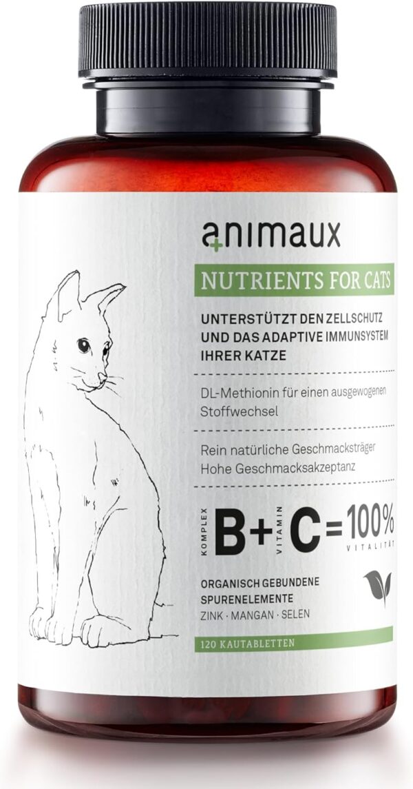 animaux Nutrients for Cats – 120 Kautabletten – Vitamine für Katzen, Unterstützung für Stoffwechsel, Immunsystem, Haut & Fell, mit Vitamin B Komplex, Omega 3, Zink & mehr