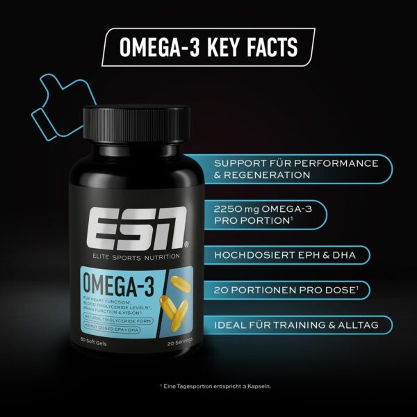 ESN Omega-3, 60 Kapseln, hochdosiertes EPA & DHA, unterstützt Herz, Gehirn & mehr, 1200 mg EPA & 900 mg DHA pro Portion, regelmäßig geprüft - made in Germany – Bild 3