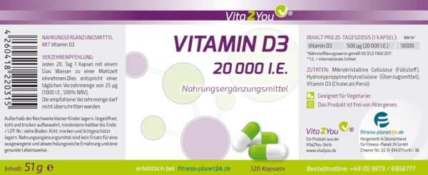 Vita2You Vitamin D3-20.000 IE - 120 Kapseln - Hochdosiert - 1000 I.E. pro Tag - 20000 Einheiten - Premium Qualität - Made in Germany – Bild 6