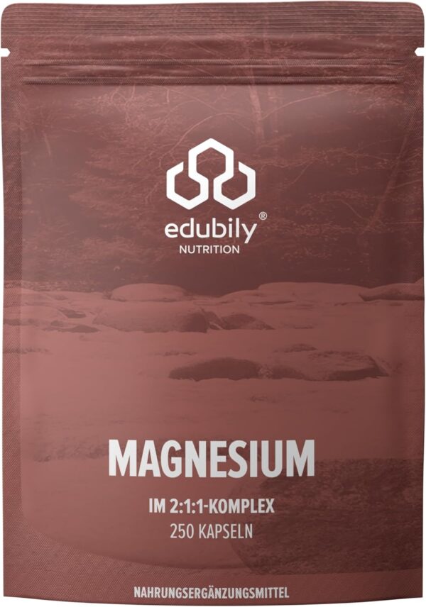edubily nutrition® Magnesium Komplex Kapseln • Magnesiummischung aus Magnesiumglycinat, Magnesiumcitrat & Magnesiumcarbonat • Ohne Magnesiumstearat • Mit Vitamin B6 (P5P) • Vegan (250 Kapseln)