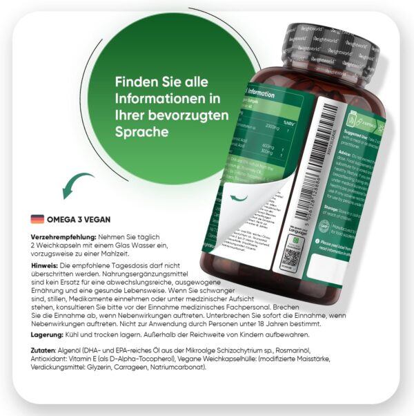 Vegane Omega 3 Kapseln - 2000mg Algenöl liefern 600mg DHA & 300mg EPA pro Tag - 90 Softgels - Frei von Magnesiumstearat & Glutenfrei - WeightWorld – Bild 5