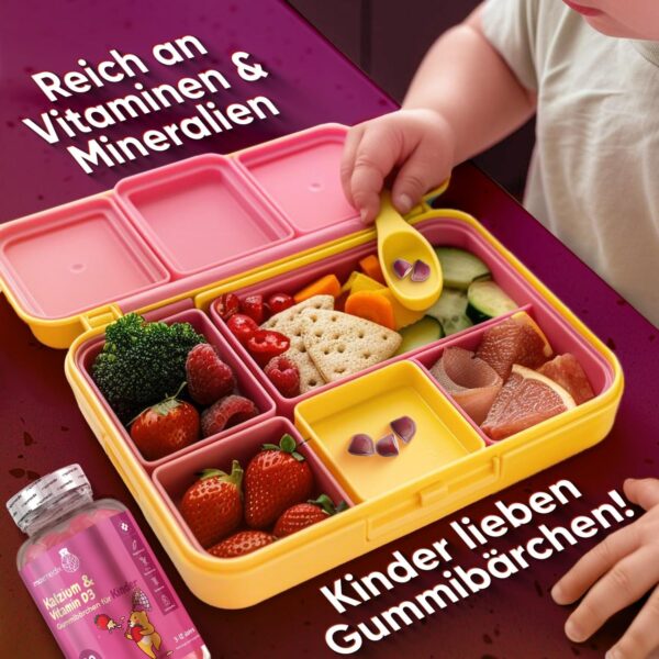 Calcium & Vitamin D3 Gummibärchen für Kinder - 90 vegetarische Gummies - 320 mg Kalzium & 800 IE Vitamin D3 - Für Immunsystem, Stoffwechsel & Knochen (EFSA) - Erdbeere & Vanille Geschmack - maxmedix – Bild 8