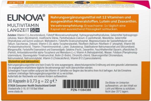 Eunova Langzeit 50+ - Nahrungsergänzungsmittel und Multivitamin mit Mineralstoffen und Lutein - speziell für Menschen ab 50-1 x 30 Kapseln – Bild 2