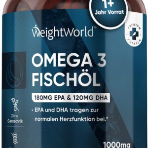 Omega 3-400 Kapseln 1+ Jahr Vorrat-1000mg Fischöl pro Tag - Essentielle Omega 3 Fettsäuren mit EPA & DHA - Für Herz, Gehirn & Blutdruck (EFSA) - Natürliches Fisch Öl aus Sardellen - WeightWorld
