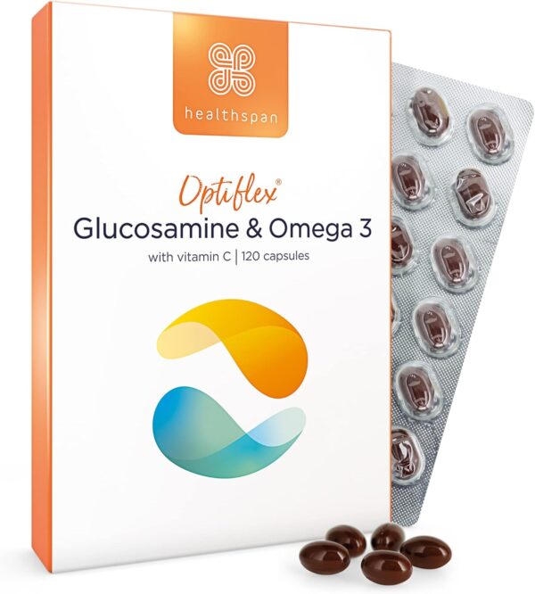 Healthspan Glucosamin & Omega 3 | Gelenkgesundheit | Zusätzliches Vitamin C | 400 mg Optiflex Glucosamin HCI | 300 mg Omega 3 Fischöl | hochgereinigt und nachhaltig angebaut | 120 Kapseln