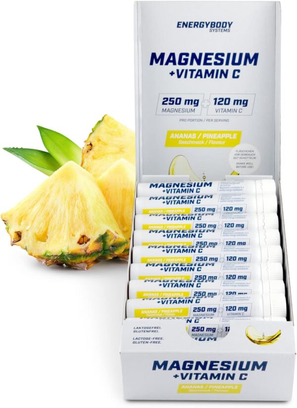 Energybody® Flüssig Magnesium Ampullen mit Vitamin C, 20x25ml / 250 mg Hochdosiertes Magnesium, 120 mg Vitamin C/Magnesium Shot mit Magnesiumcitrat - Ananas Geschmack