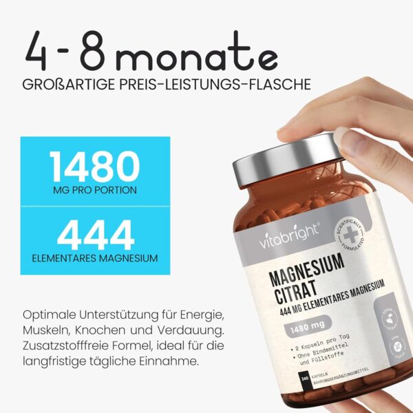 Magnesiumcitrat Kapseln 240, 1480mg Magnesium Komplex Pulver Hochdosiert (444mg Elementares Mg) Vegan, Ohne Zusatzstoffe, Magnesium Citrate Pulver Labor/Sport, Mg Citrat VitaBright – Bild 8