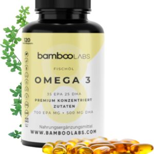 Bamboo Labs - Omega 3 Kapseln von Fischöl, 2.000 mg Fischöl pro Tagesdosis mit 700 mg EPA & DHA 500mg - Premium Omega3 Kapseln Fettsäuren Hochdosiert und Vitamin E - 120 Softgel-Kapsel