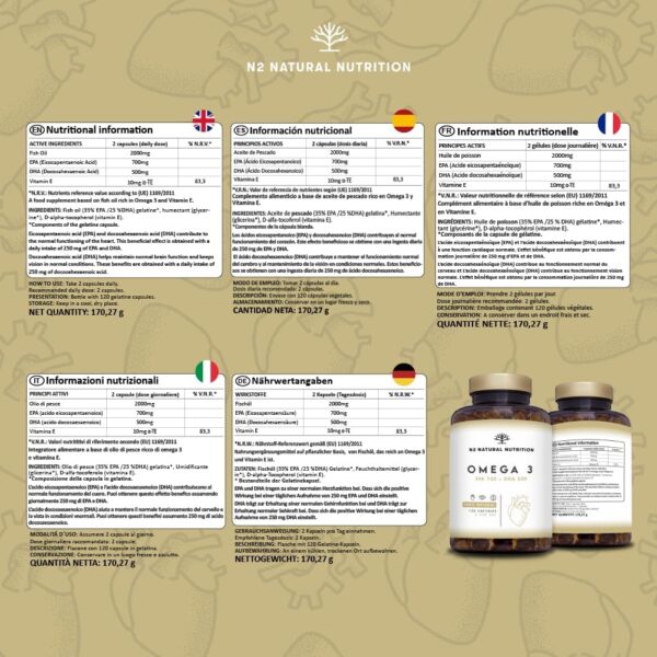 Omega 3 Kapseln Hochdosiert mit 2000 mg Fischöl mit 700mg EPA und 500 mg DHA, Fischöl mit Vitamin E und den Omega 3 Fettsäuren. 120 Softgel-Kapsel reines Seefischöl N2 Natural Nutrition – Bild 8