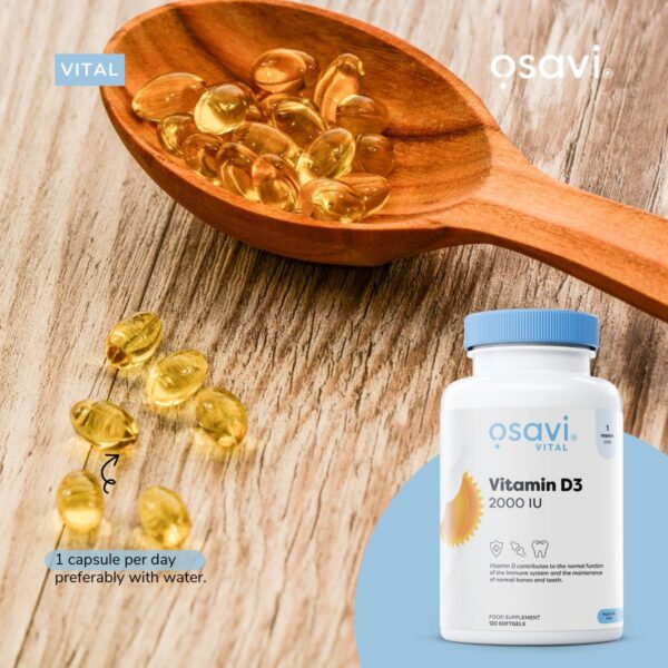 Osavi Vitamin D3 2000 IU - 120 Weichkapseln | Unterstützt Immunfunktion, Knochengesundheit- und Muskelfunktion sowie Kalziumaufnahme | Mit Quali®-D | Aus natürlichem Lanolin und Kokos-MCT-Öl – Bild 7