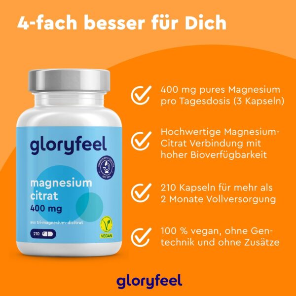Magnesiumcitrat Kapseln - 2500mg, davon 400mg elementares Magnesium pro Tag - 210 Kapseln Tri-Magnesium Dicitrat Hochdosiert - Vegan, laborgeprüft, ohne Zusätze in Deutschland hergestellt – Bild 3