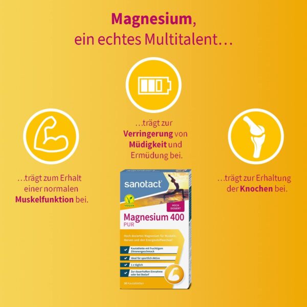 sanotact Magnesium 400 (30 Kautabletten) • Magnesium hochdosiert für Muskeln & Nerven • 400mg Magnesium mit Sofortwirkung • 100% Vegan • Magnesiumcarbonat & Magnesiumoxid – Bild 7