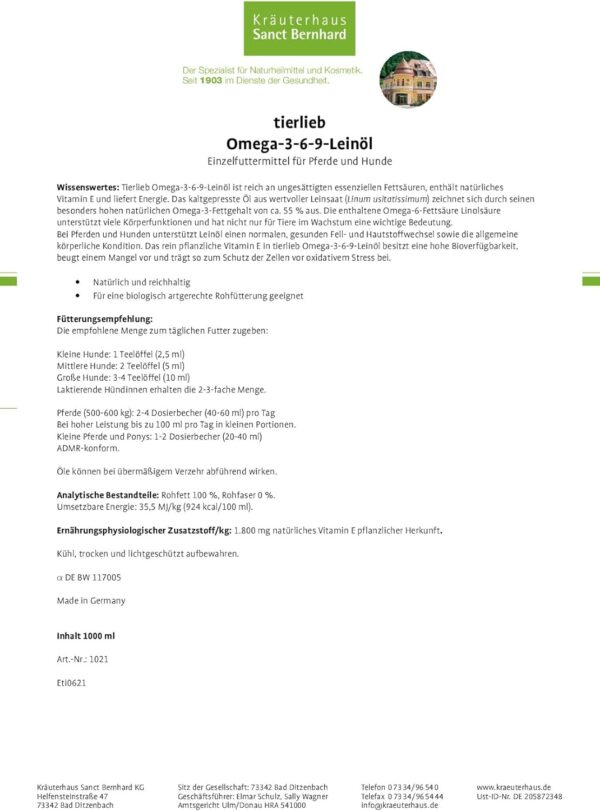 tierlieb Omega-3-6-9 Leinöl für Pferde & Hunde | Reich an ungesättigten essenziellen Fettsäuren | Mit natürlichem Vitamin E | 1 Liter – Bild 4