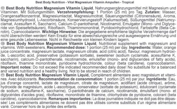 Best Body Nutrition Magnesium Liquid Ampullen – 20 x 25ml – Hochdosierter Magnesium Shot mit Vitaminen –248 mg/Portion – Erfrischend fruchtige Trinkampullen – Flüssiges Magnesium für Sport & Outdoor – Bild 4