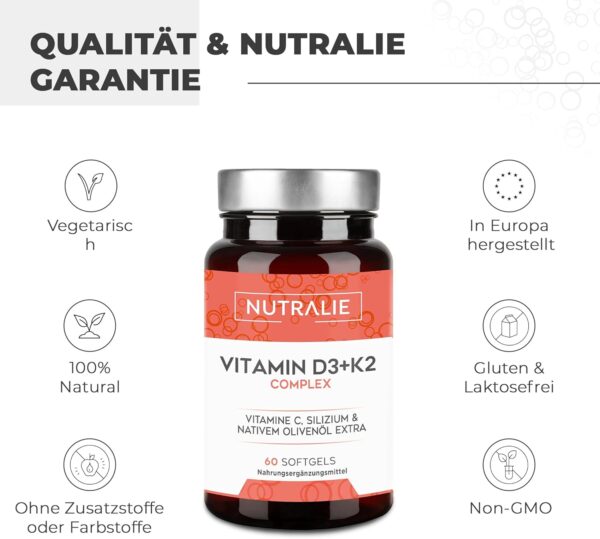 Vitamin D3 + K2 Hochdosiert - 10.000 IE Vitamin D3-99,7+% All-Trans MK7 (K2VITAL®) - Mit Vit D3 + K2 + Silizium & Olivenöl - 60 Softgels - Laborgeprüft - Nutralie – Bild 4