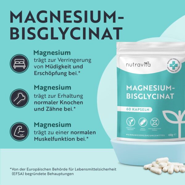Magnesiumbisglycinat Kapseln - Magnesium Glycinat - 320mg elementares Magnesium pro Tagesdosis - Vegan - Hochdosiert - Unterstützt die Muskelfunktion & das Nervensystem - Nutravita – Bild 2