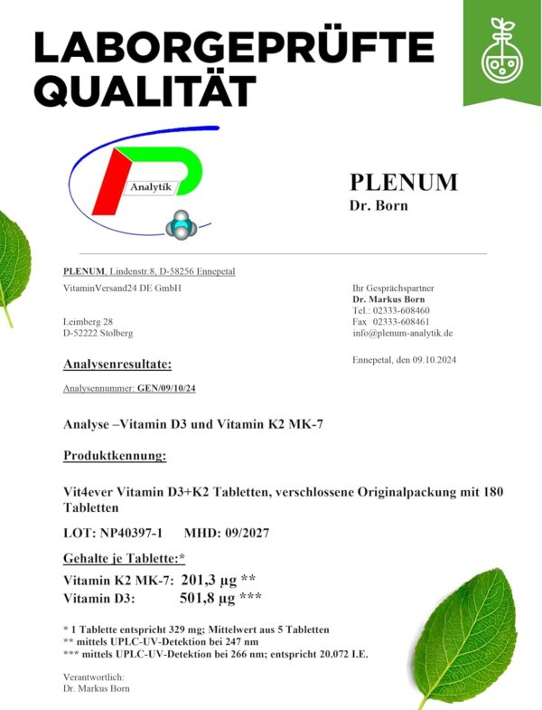 Vitamin D3 20.000 I.E + Vitamin K2 200 mcg Menaquinon MK7 Depot - 180 Tabletten - 99,7+% All-Trans - Laborgeprüft- Vegetarisch - Hochdosiert - Premium Qualität – Bild 6