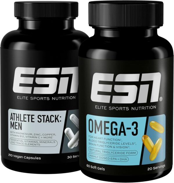 ESN Vitalstoff Basicbundle, 2er Bundle aus Athlete Stack Men & Omega 3, alle essentiellen Vitamine, Mineralstoffe und hochdosiertes Fischöl - made in Germany
