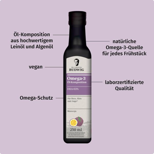 Dr. Johanna Budwig Omega 3 DHA+EPA Maracuja (250ml) - Leinöl & Omega 3 Algenöl - Omega 3 hochdosiert (EPA DHA) - Algenöl Omega 3 vegan flüssig, Omega 3 Öl, Omega 3 für Kinder – Bild 3