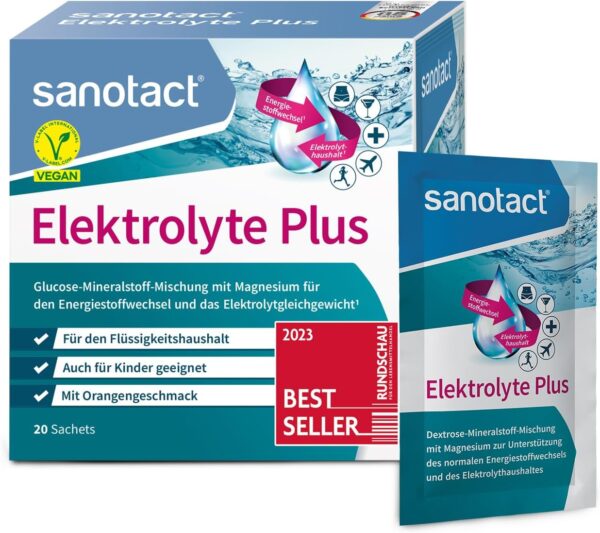 sanotact Elektrolyte Plus (20 Beutel) • Elektrolyt Pulver für Flüssigkeitshaushalt • Kalium & Magnesium für Elektrolytgleichgewicht • 100% Vegan • Recovery Drink • Mit Orangengeschmack
