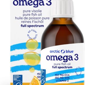 Arctic Blue Omega 3 Fischöl – 250 ml flüssig – MSC-Zertifiziert - hochdosiert mit DHA, EPA und Vitamin D – ohne Aufstoßen oder Fischgeruch – arktisches Fischöl – Orangengeschmack