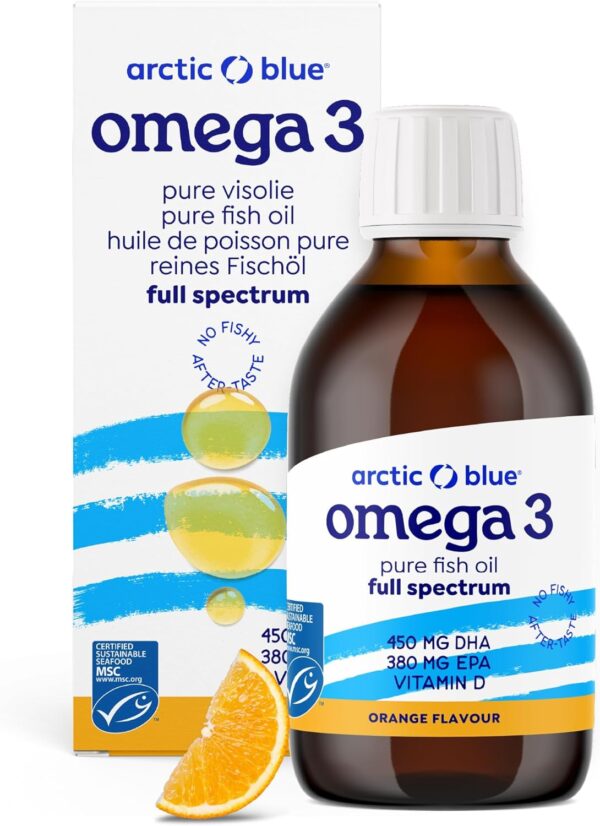 Arctic Blue Omega 3 Fischöl – 250 ml flüssig – MSC-Zertifiziert - hochdosiert mit DHA, EPA und Vitamin D – ohne Aufstoßen oder Fischgeruch – arktisches Fischöl – Orangengeschmack