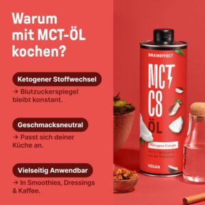 BRAINEFFECT MCT-Öl C8 (1000ml) - Bildet 300% mehr Ketone als andere MCT-Öle (100% C8) - Ketogene Ernährung - Reiner Extrakt aus Kokosnussöl -