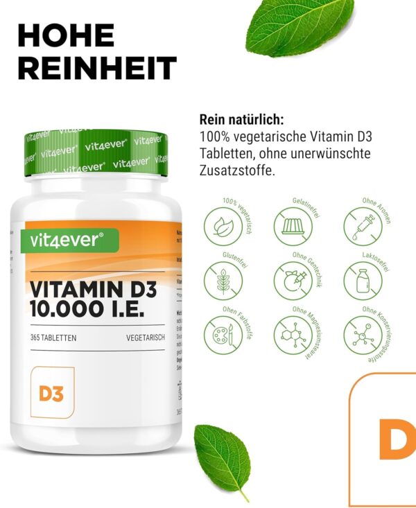 Vitamin D3 10.000 I.E. Depot - 365 Tabletten - Alle 10 Tage eine Tablette - Vegetarisch - Hohe Reinheit - Premium Qualität – Bild 3