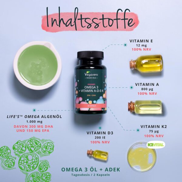 Omega 3 + ADEK Kapseln | Vegan | Premium: life's™Omega & K2Vital® | Veganes EPA, DHA + Vitamin A, D, E, K | 60 Stück | Deutsche Produktion von Vegavero® – Bild 4