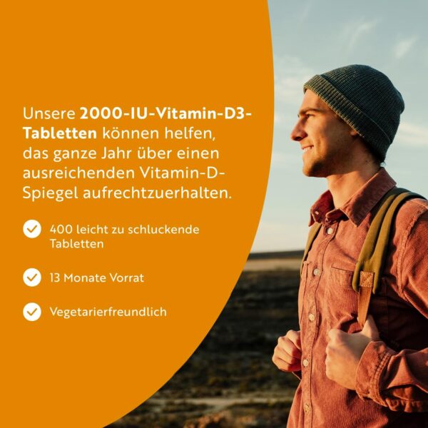 Vitamin D3 2000 I.E - 400 Tabletten (1+ Jahr) - Vegetarisch - Hochdosiert Sonnenvitamin für Immunsystem, Knochen, Zähne & Muskeln - Vitamin D Hochdosiert - Laborgeprüft Cholecalciferol - Nutravita – Bild 2