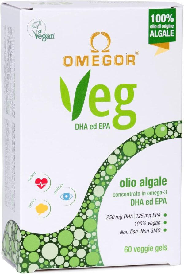 Omegor VEG - Omega 3 Veganes Algenöl | Das einzige IFOS-Zertifikat | 250 mg DHA und 125 mg EPA pro Kapsel | 60 Kapseln, 2 Monatsvorrat | 100% VEGAN